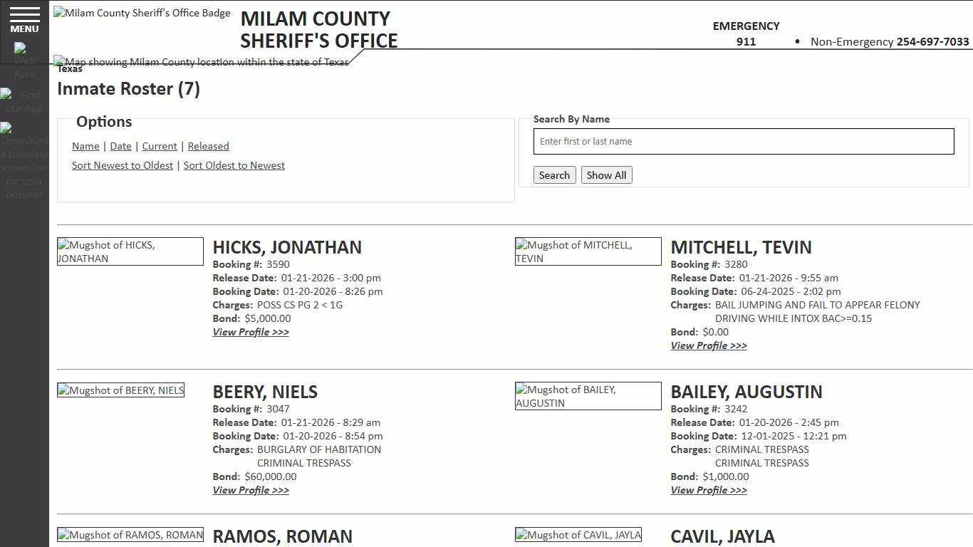 Inmate Roster - Released Inmates Booking Date Descending - Milam County Sheriff TX